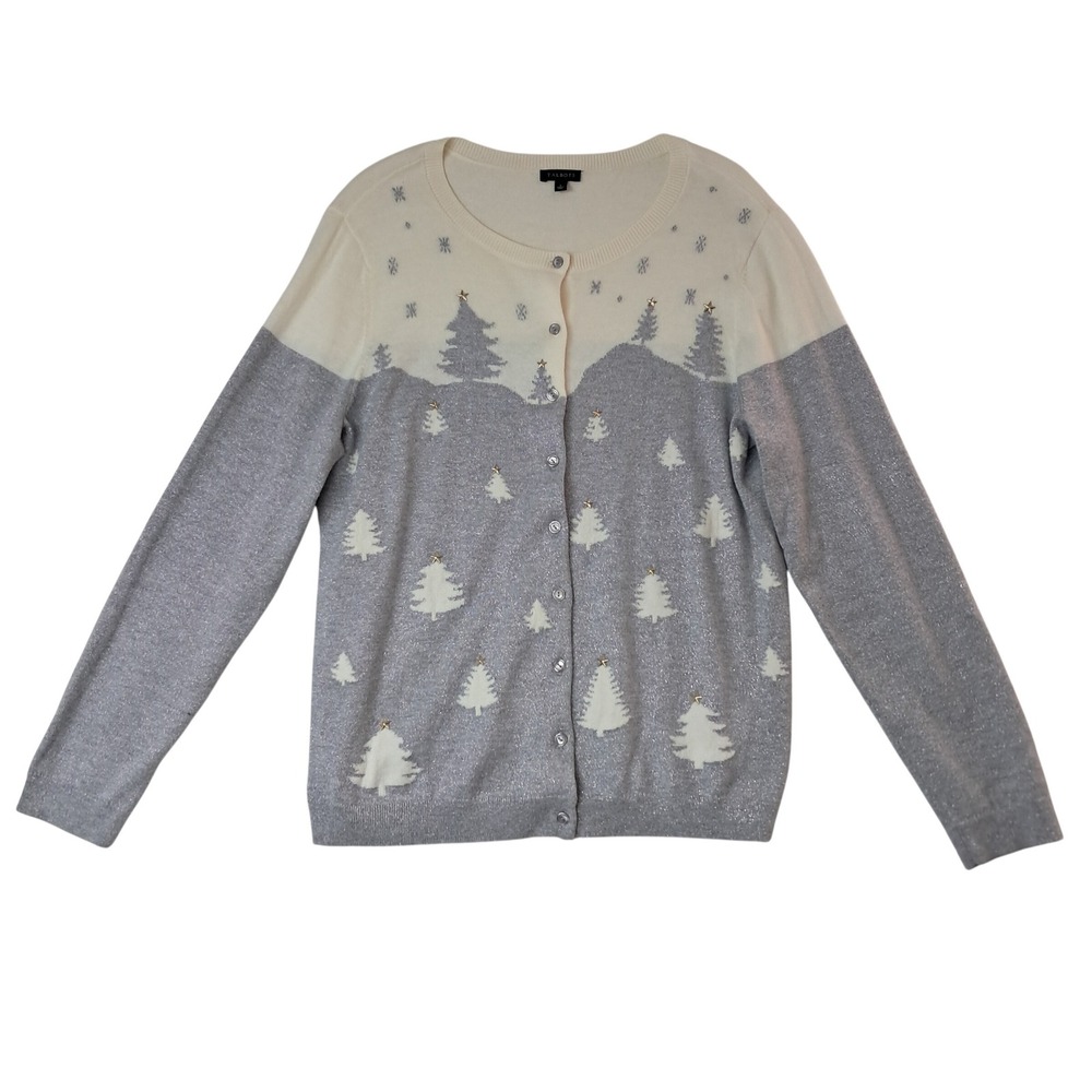Talbots Cardigan Womens Large Grey Winter Christmas Tree Metallic Cashmere Blend